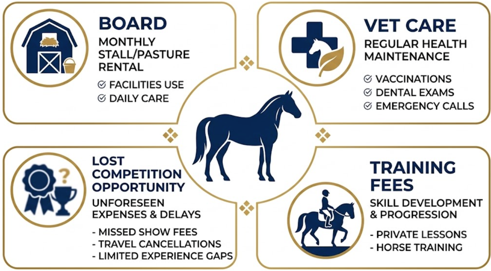 Infographic showing cost categories of performance horse downtime including board, vet care, training, and competition losses.
